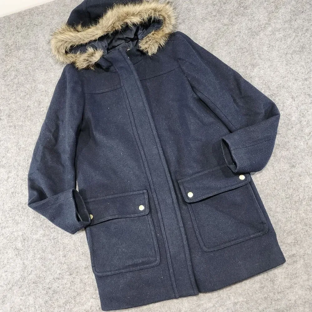 J Crew Womens 4 Vail Parka Wool‎ Blend Faux Fur Hooded Jacket Coat Navy Heavy